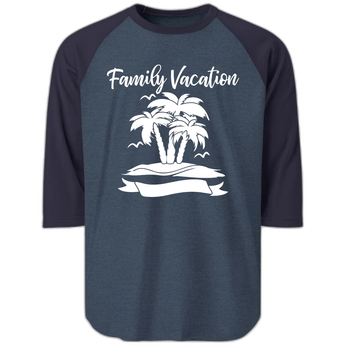 Family Vacation Palm Tree Island Raglan 3/4 in Heather Denim Navy