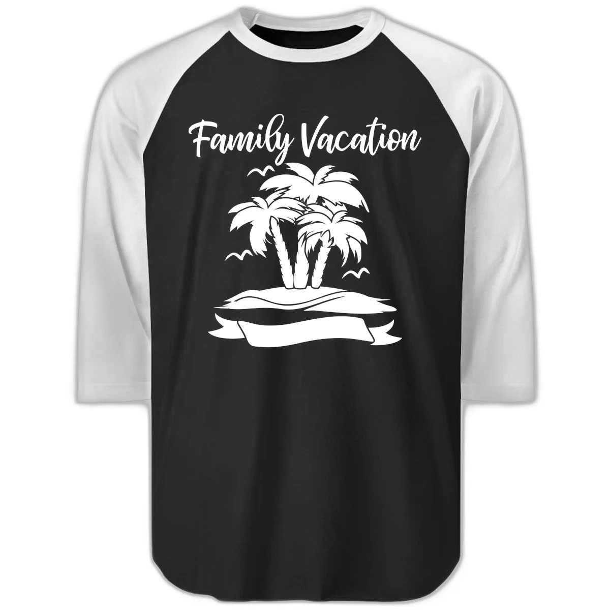 Family Vacation Palm Tree Island Raglan 3/4 in Black White