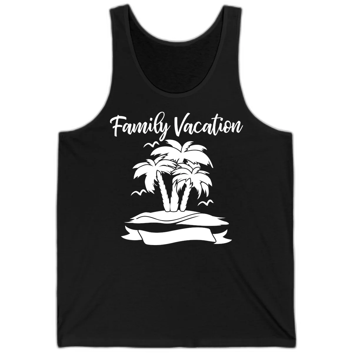 Family Vacation Palm Tree Island Tank in Black