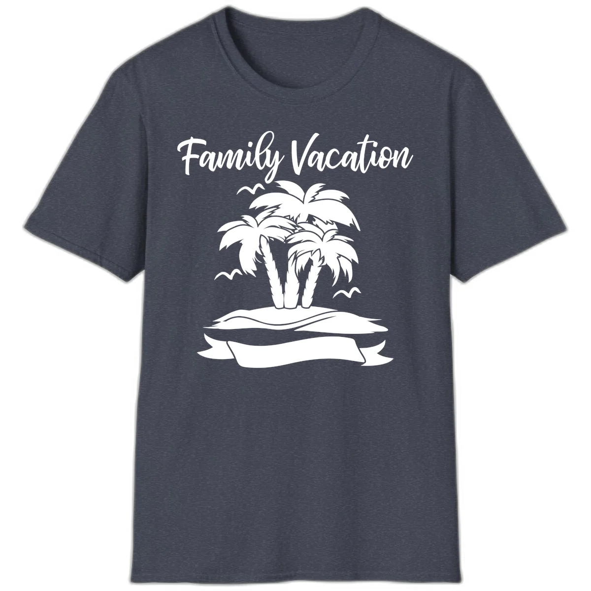 Family Vacation Palm Tree Island T-Shirt in Heather Navy