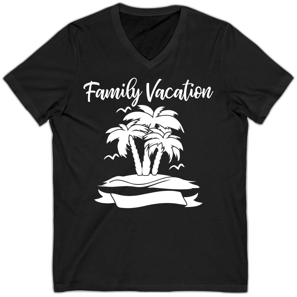 Family Vacation Palm Tree Island V-Neck in Black