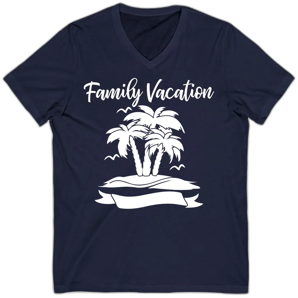 Family Vacation Palm Tree Island V-Neck in Navy