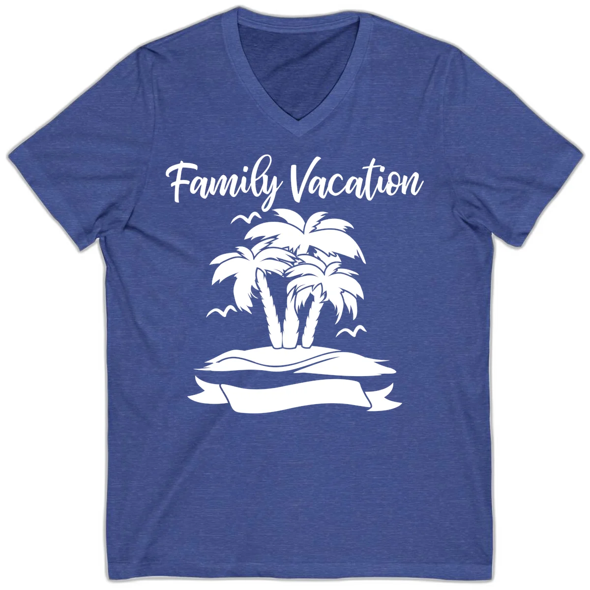 Family Vacation Palm Tree Island V-Neck in Heather True Royal