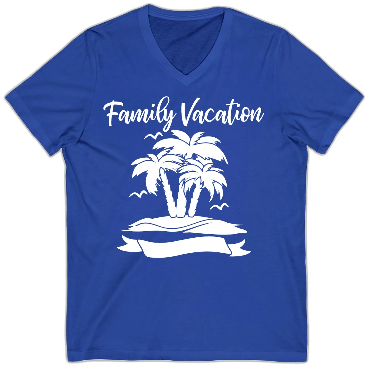 Family Vacation Palm Tree Island V-Neck in True Royal