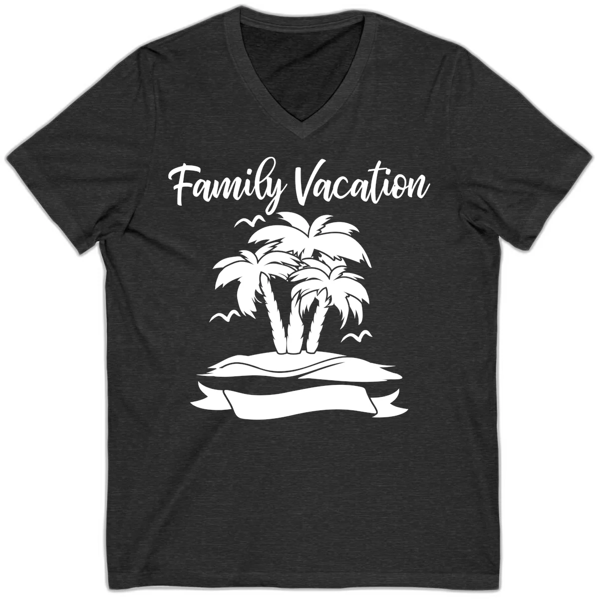 Family Vacation Palm Tree Island V-Neck in Dark Grey Heather
