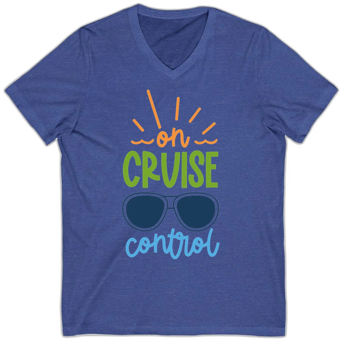 Oh Cruise Control Vacation V-Neck Tee in Heather True Royal