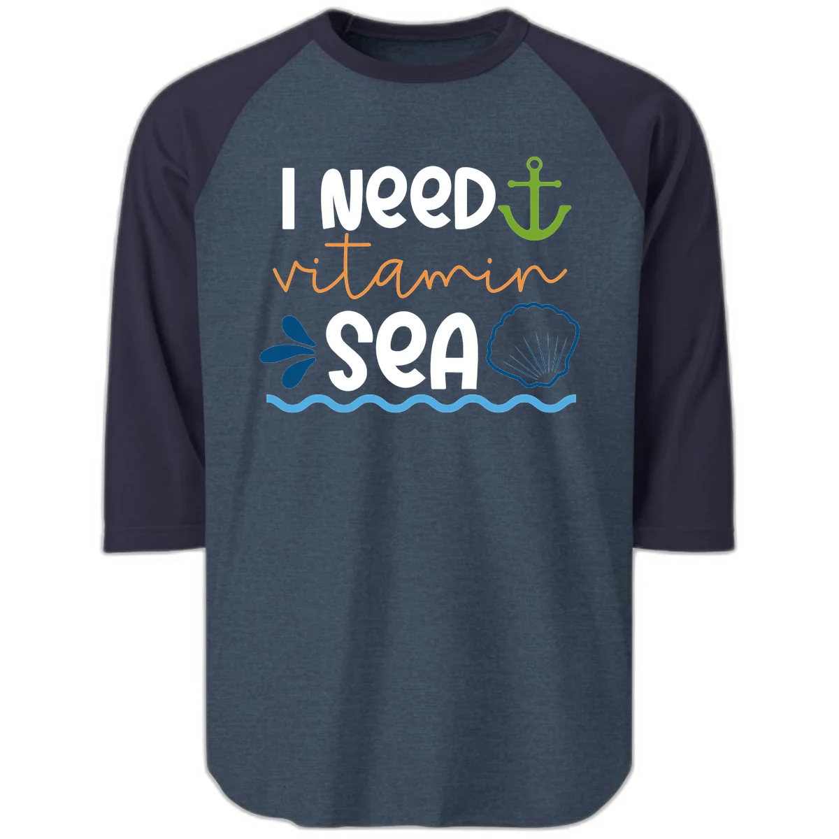 I Need Vitamin Sea Raglan 3/4 Tee in Heather Denim Navy