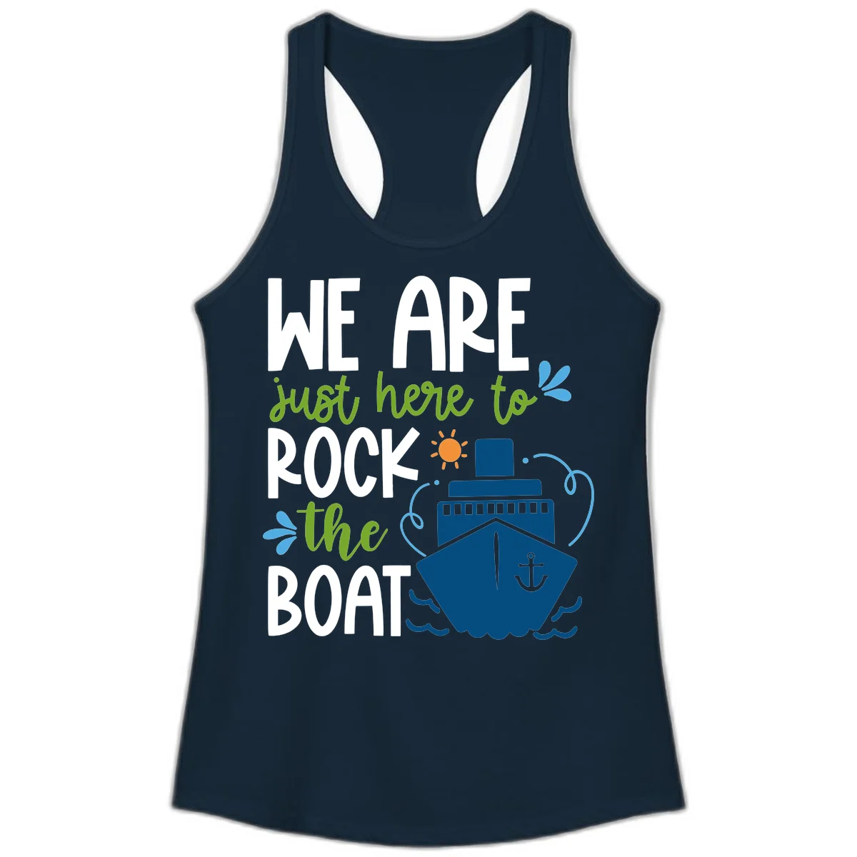 We Are Just Here To Rock The Boat Ladies Tank in Solid Midnight Navy