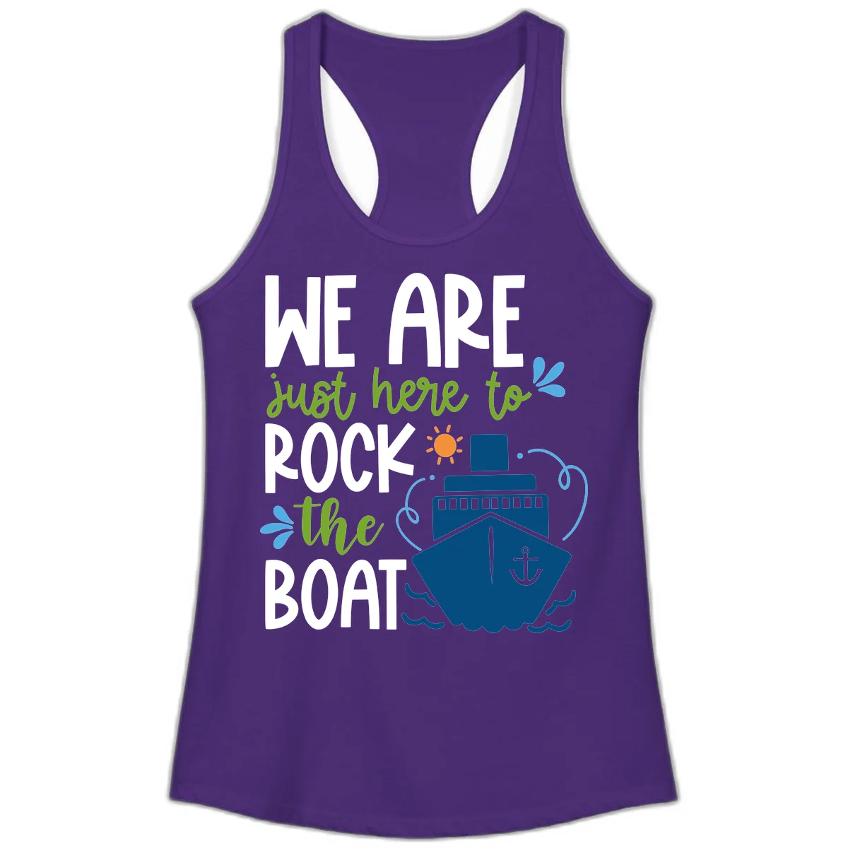 We Are Just Here To Rock The Boat Ladies Tank in Solid Purple Rush