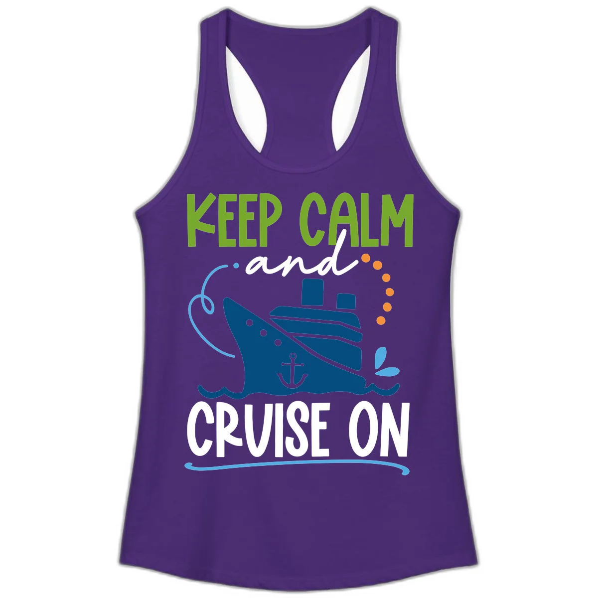 Keep Calm and Cruise On Ladies Racerback Tank in Solid Purple Rush