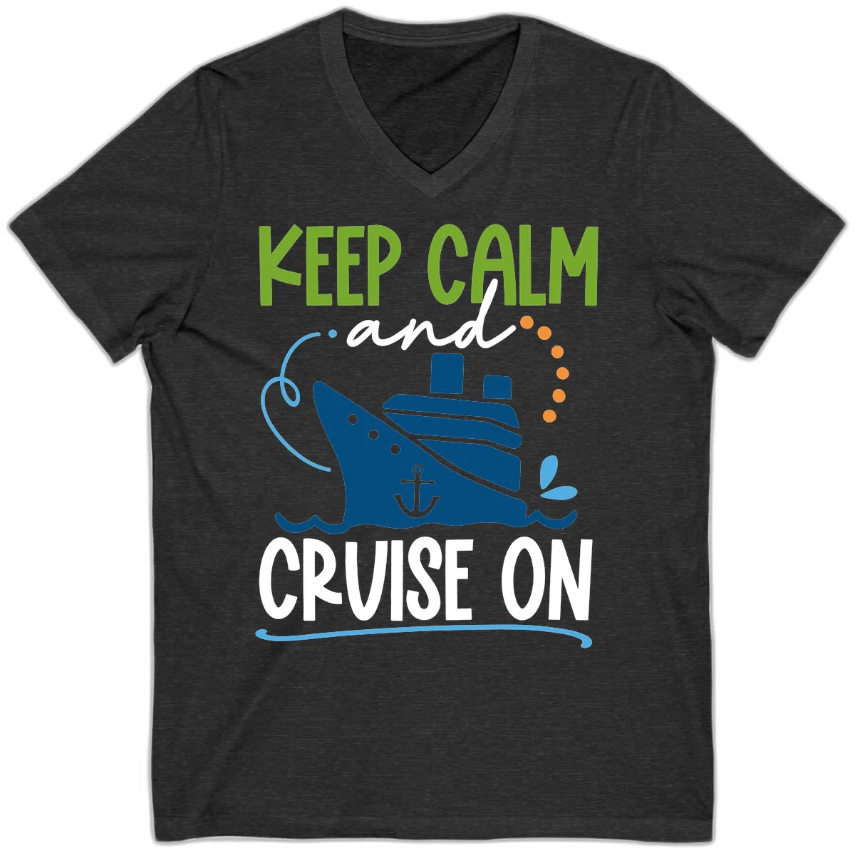 Keep Calm and Cruise On Nautical V-Neck Tee in Dark Grey Heather