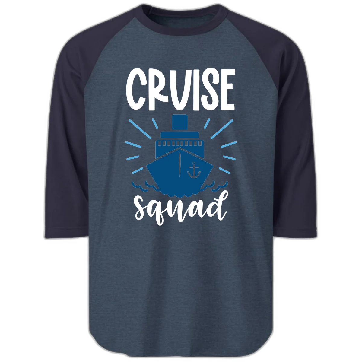 Cruise Squad Ship Anchor Design Raglan 3/4 Tee in Heather Denim Navy