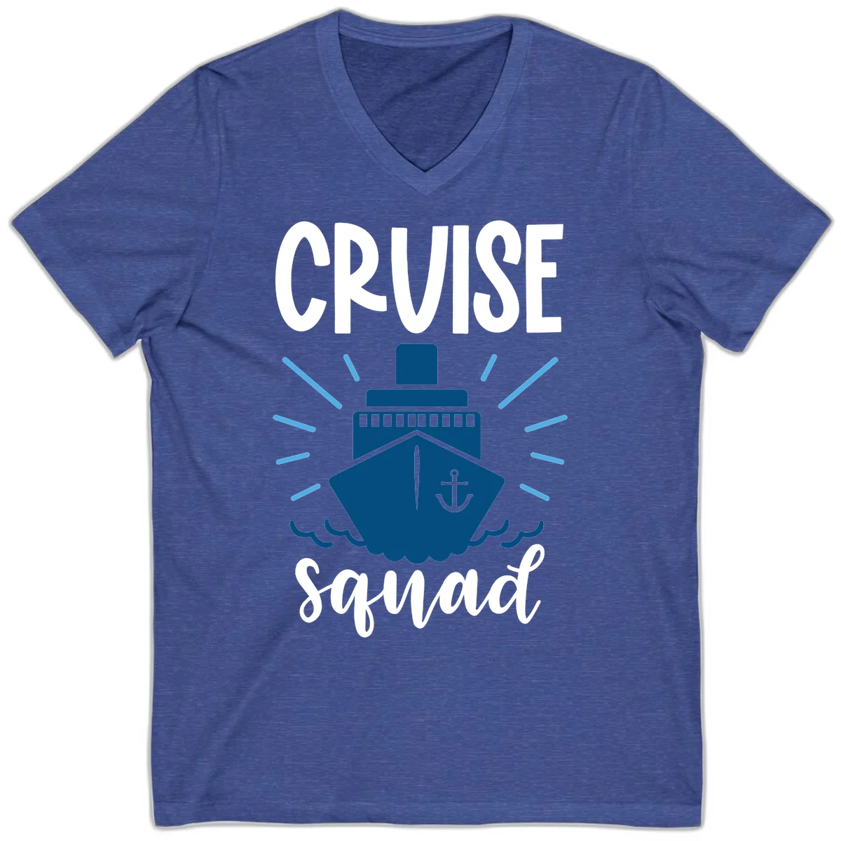 Cruise Squad Ship Anchor Design V-Neck Tee in Heather True Royal
