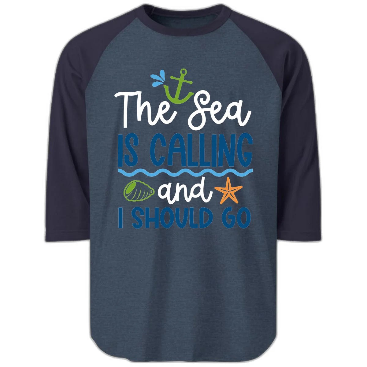 The Sea Is Calling Raglan 3/4 in Heather Denim Navy
