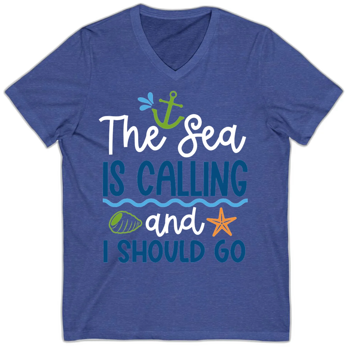 The Sea Is Calling V-Neck in Heather True Royal