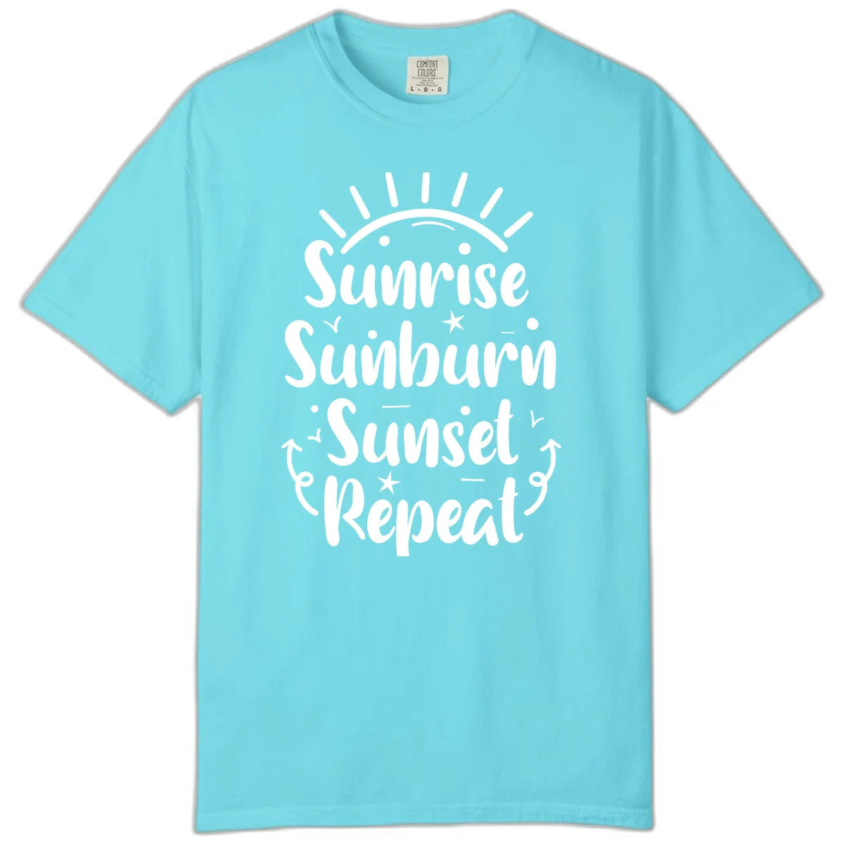 Sunrise Sunburn Sunset Repeat Comfort Color T-Shirt in Lagoon Blue
