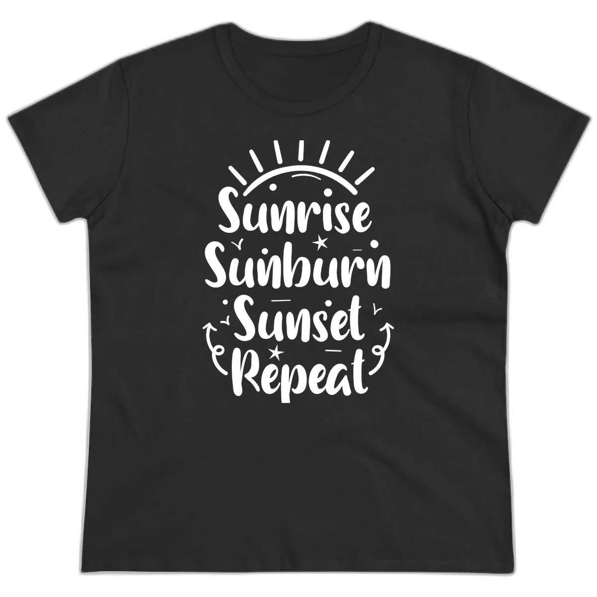 Sunrise Sunburn Sunset Repeat Ladies Tee in Black