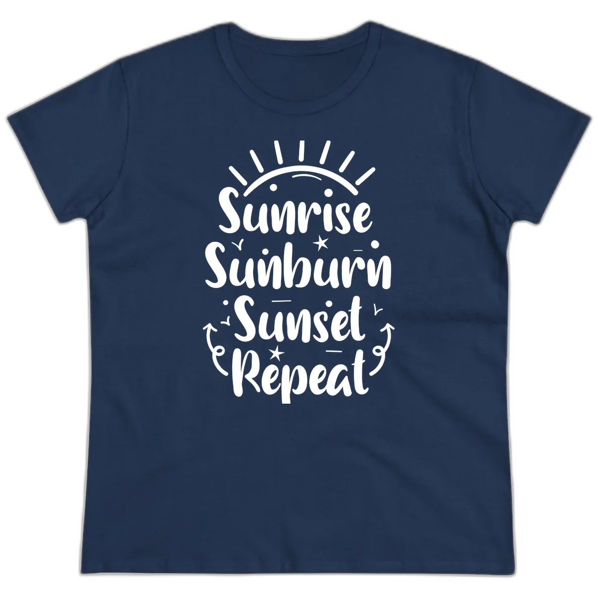 Sunrise Sunburn Sunset Repeat Ladies Tee in Navy