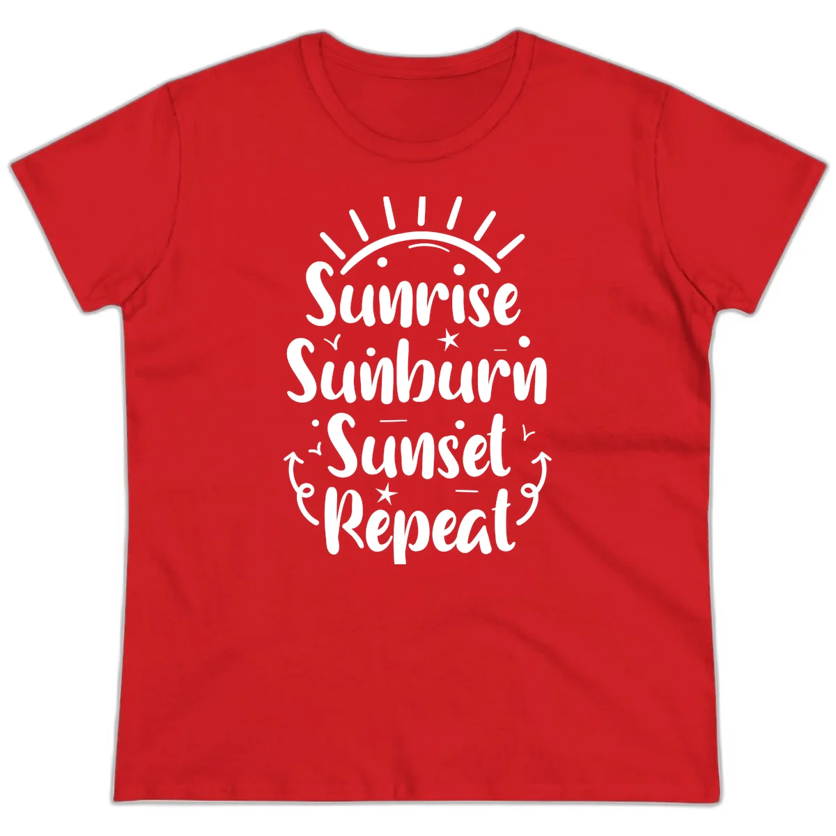 Sunrise Sunburn Sunset Repeat Ladies Tee in Red