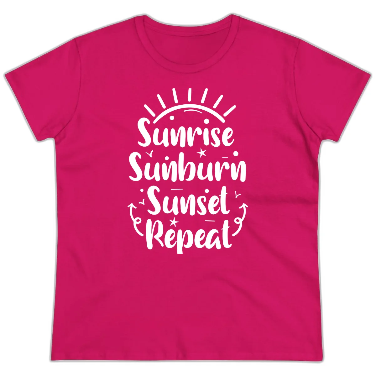 Sunrise Sunburn Sunset Repeat Ladies Tee in Heliconia