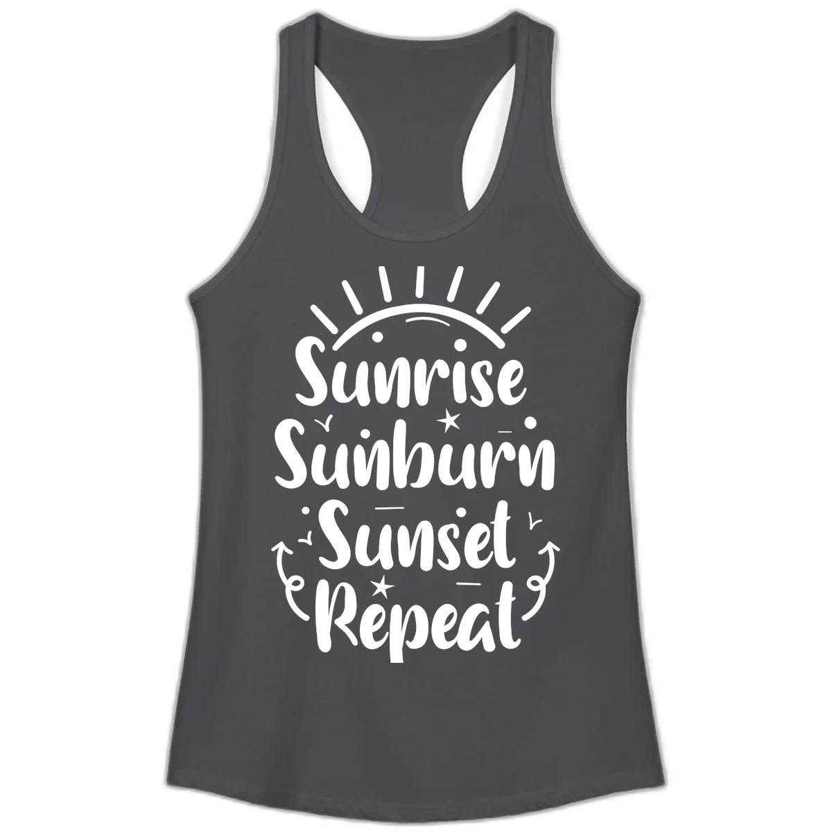Sunrise Sunburn Sunset Repeat Ladies Tank Top in Solid Dark Gray