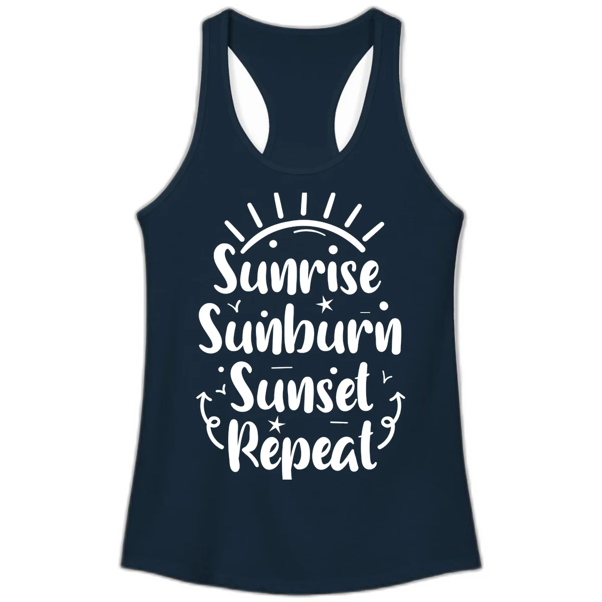 Sunrise Sunburn Sunset Repeat Ladies Tank Top in Solid Midnight Navy