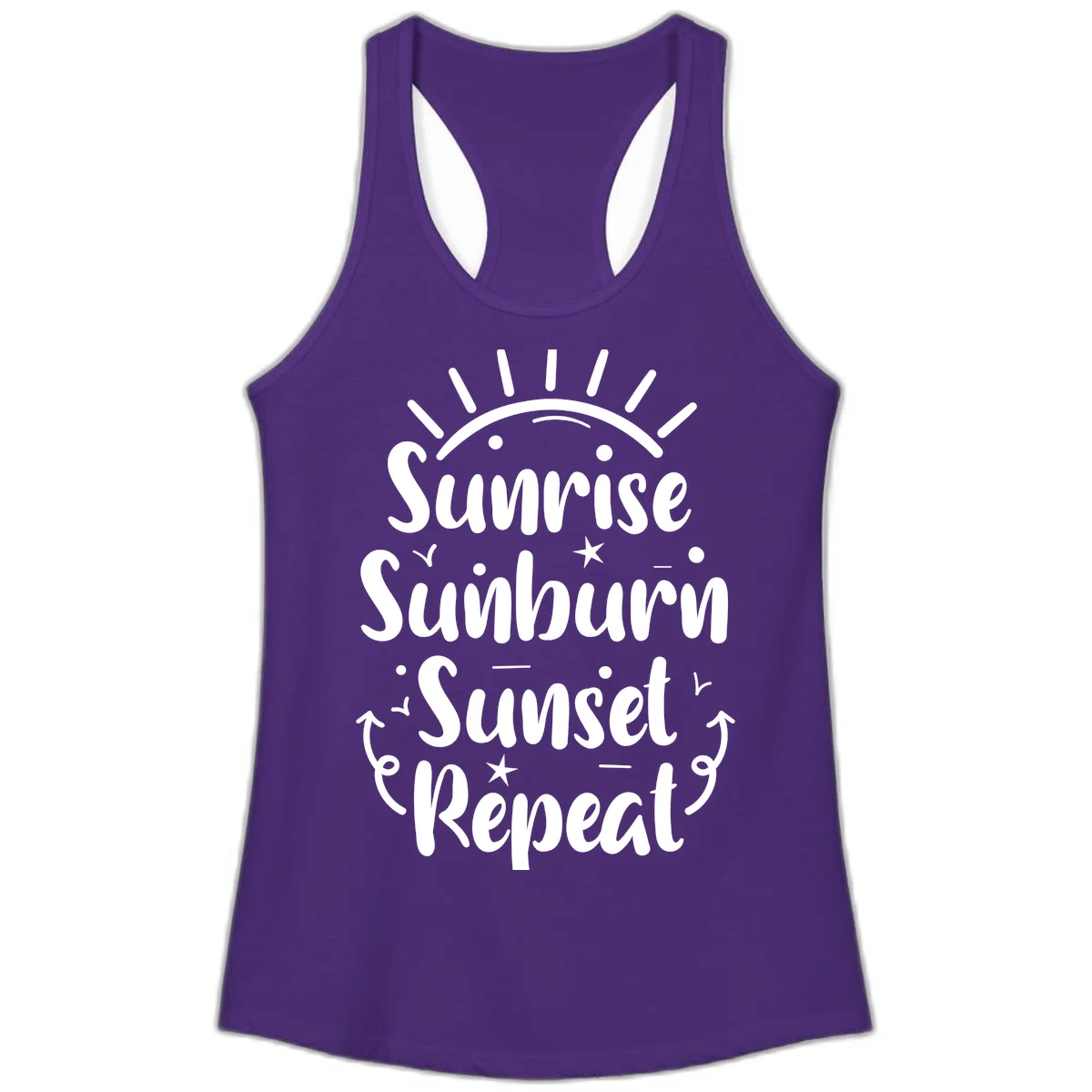 Sunrise Sunburn Sunset Repeat Ladies Tank Top in Solid Purple Rush