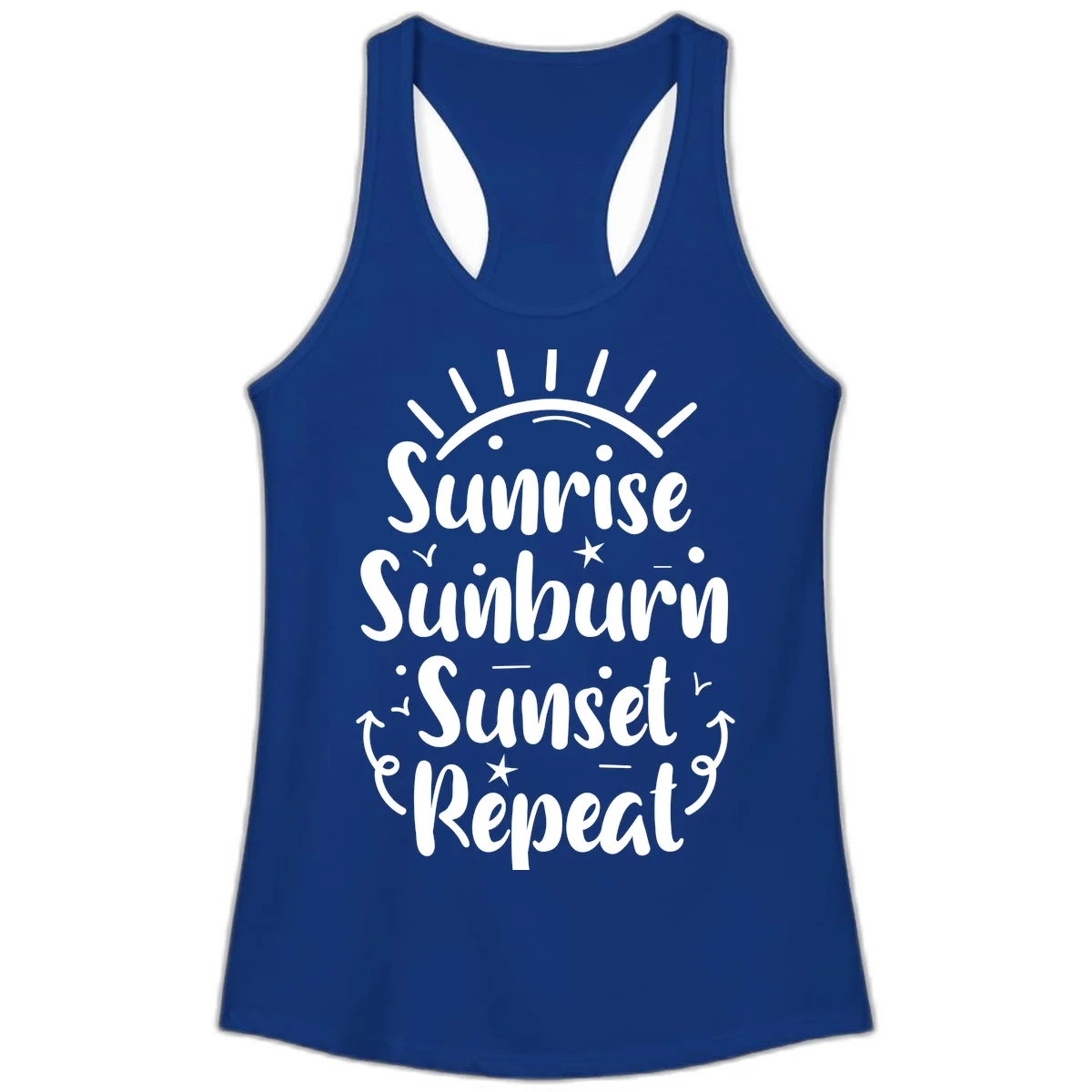 Sunrise Sunburn Sunset Repeat Ladies Tank Top in Solid Royal