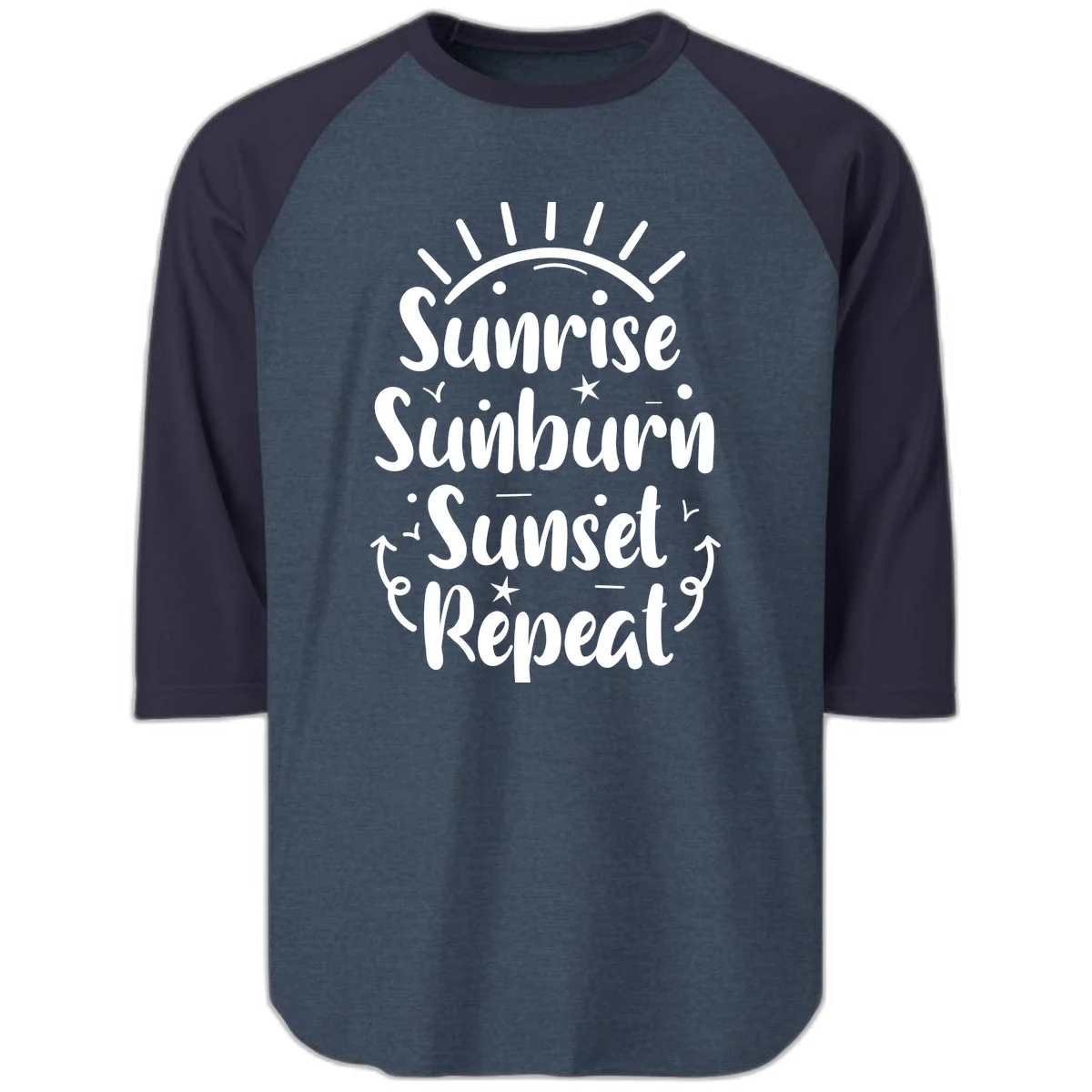 Sunrise Sunburn Sunset Repeat Raglan 3/4 T-Shirt in Heather Denim Navy