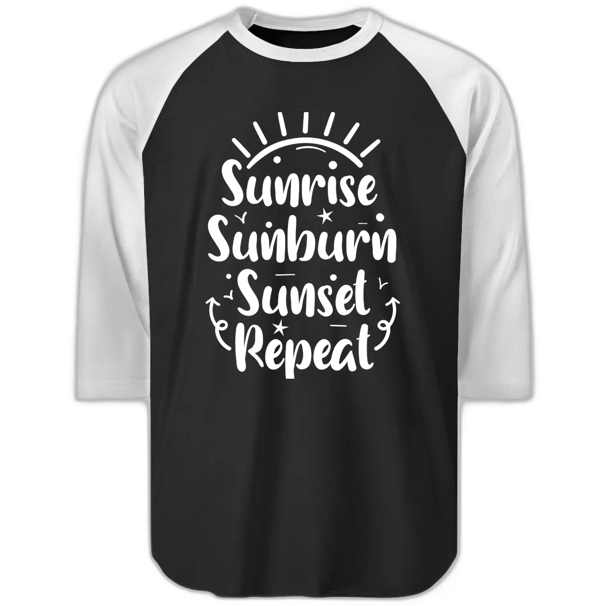 Sunrise Sunburn Sunset Repeat Raglan 3/4 T-Shirt in Black White