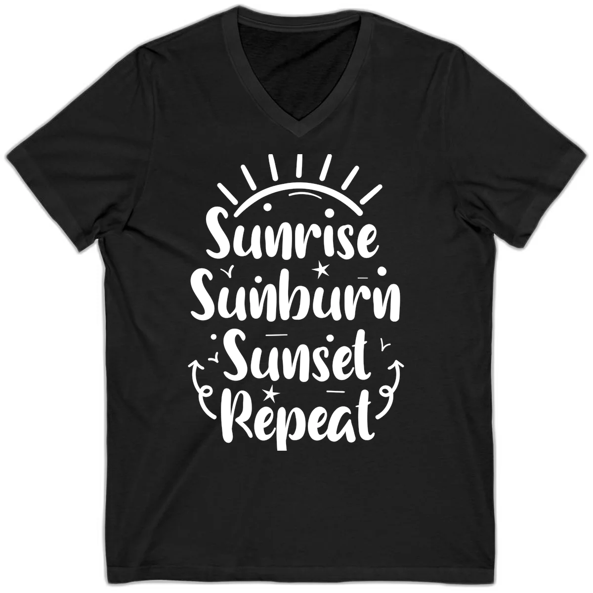 Sunrise Sunburn Sunset Repeat V-Neck T-Shirt in Black