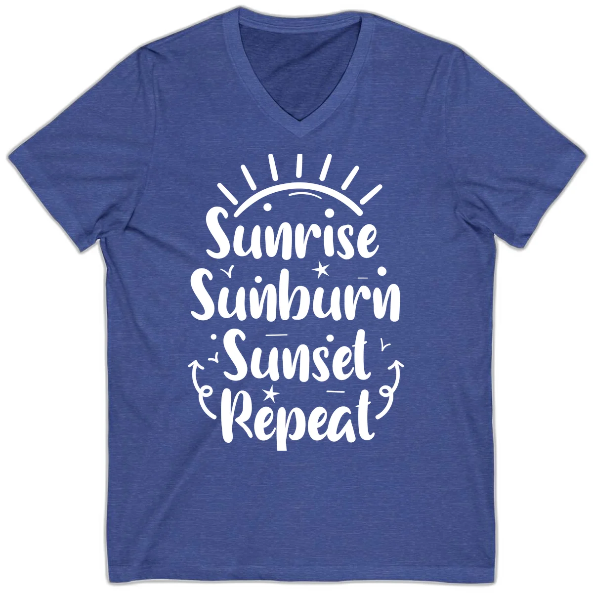 Sunrise Sunburn Sunset Repeat V-Neck T-Shirt in Heather True Royal
