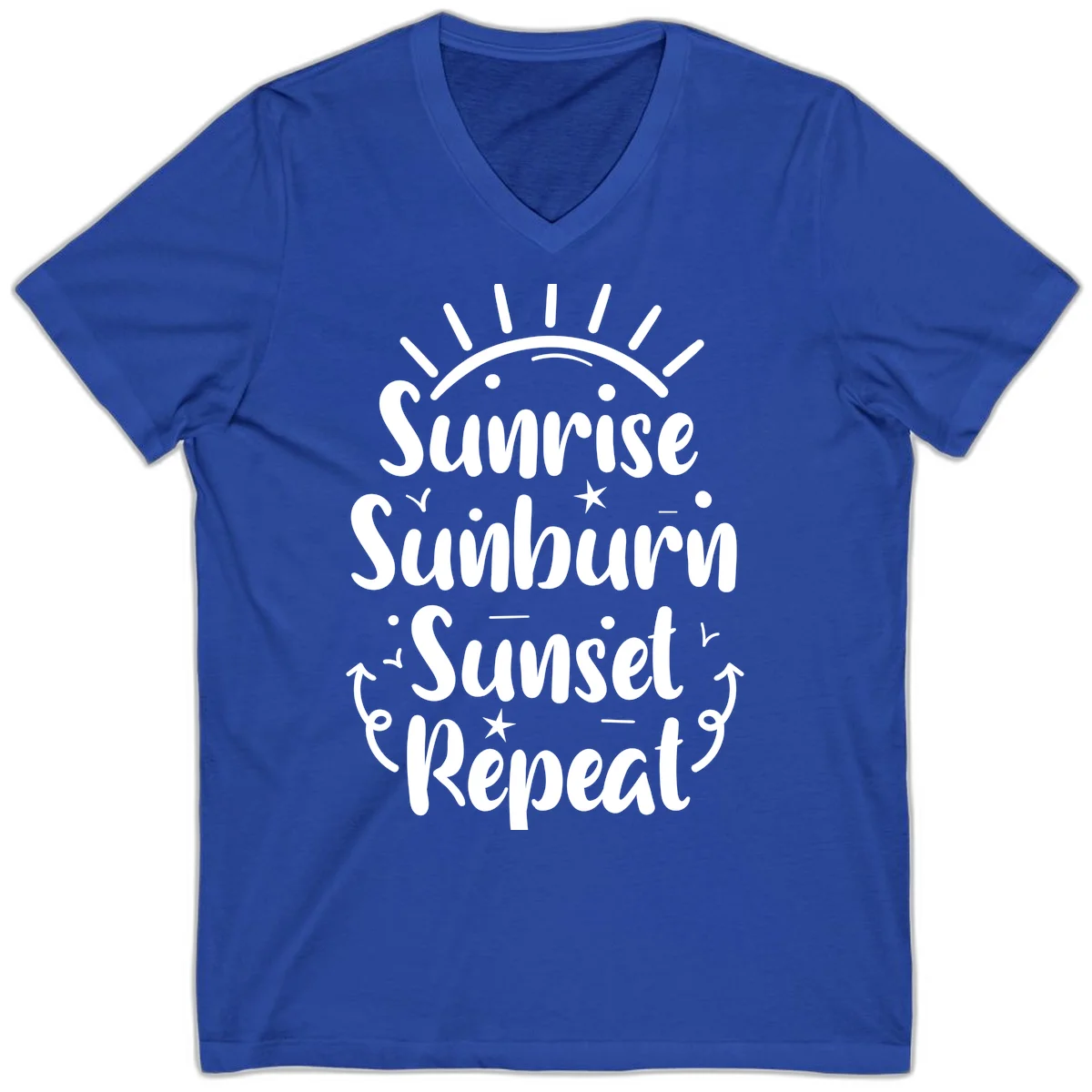 Sunrise Sunburn Sunset Repeat V-Neck T-Shirt in True Royal