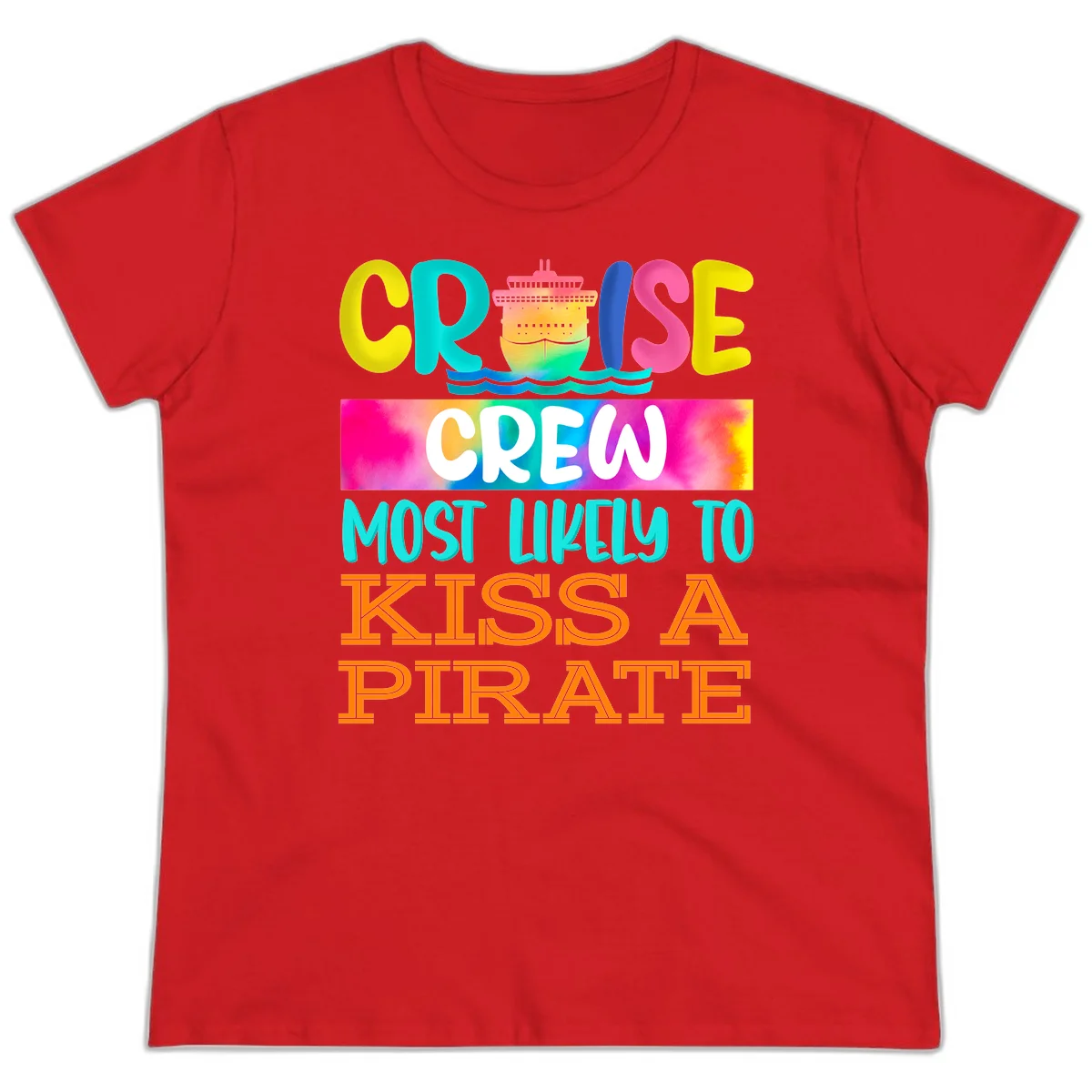 Cruise Crew Most Likely To Kiss A Pirate Ladies Tee in Red