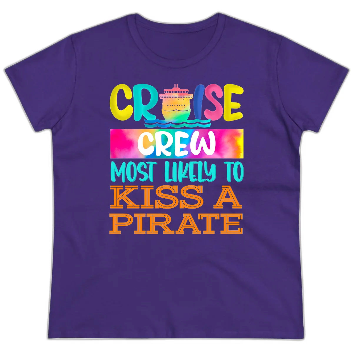 Cruise Crew Most Likely To Kiss A Pirate Ladies Tee in Purple