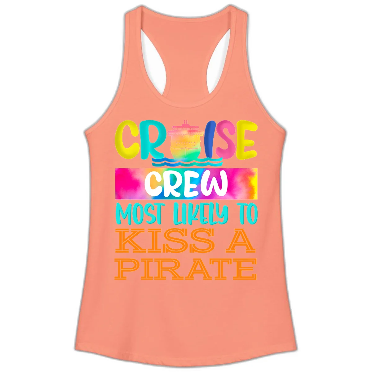 Cruise Crew Most Likely To Kiss A Pirate Ladies Tank in Solid Light Orange