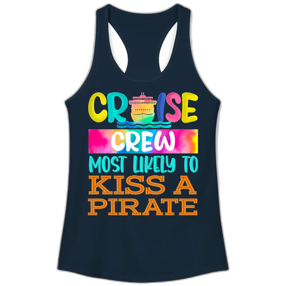 Cruise Crew Most Likely To Kiss A Pirate Ladies Tank in Solid Midnight Navy