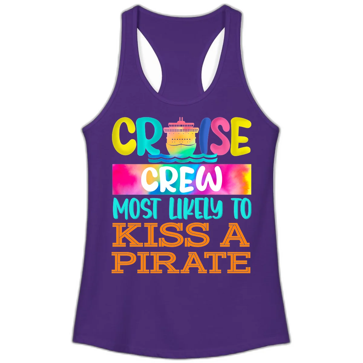 Cruise Crew Most Likely To Kiss A Pirate Ladies Tank in Solid Purple Rush
