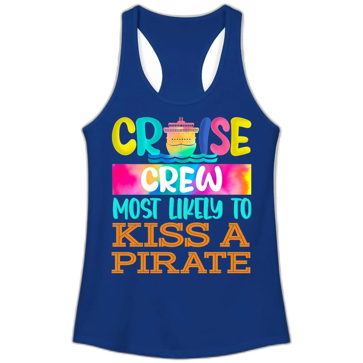 Cruise Crew Most Likely To Kiss A Pirate Ladies Tank in Solid Royal