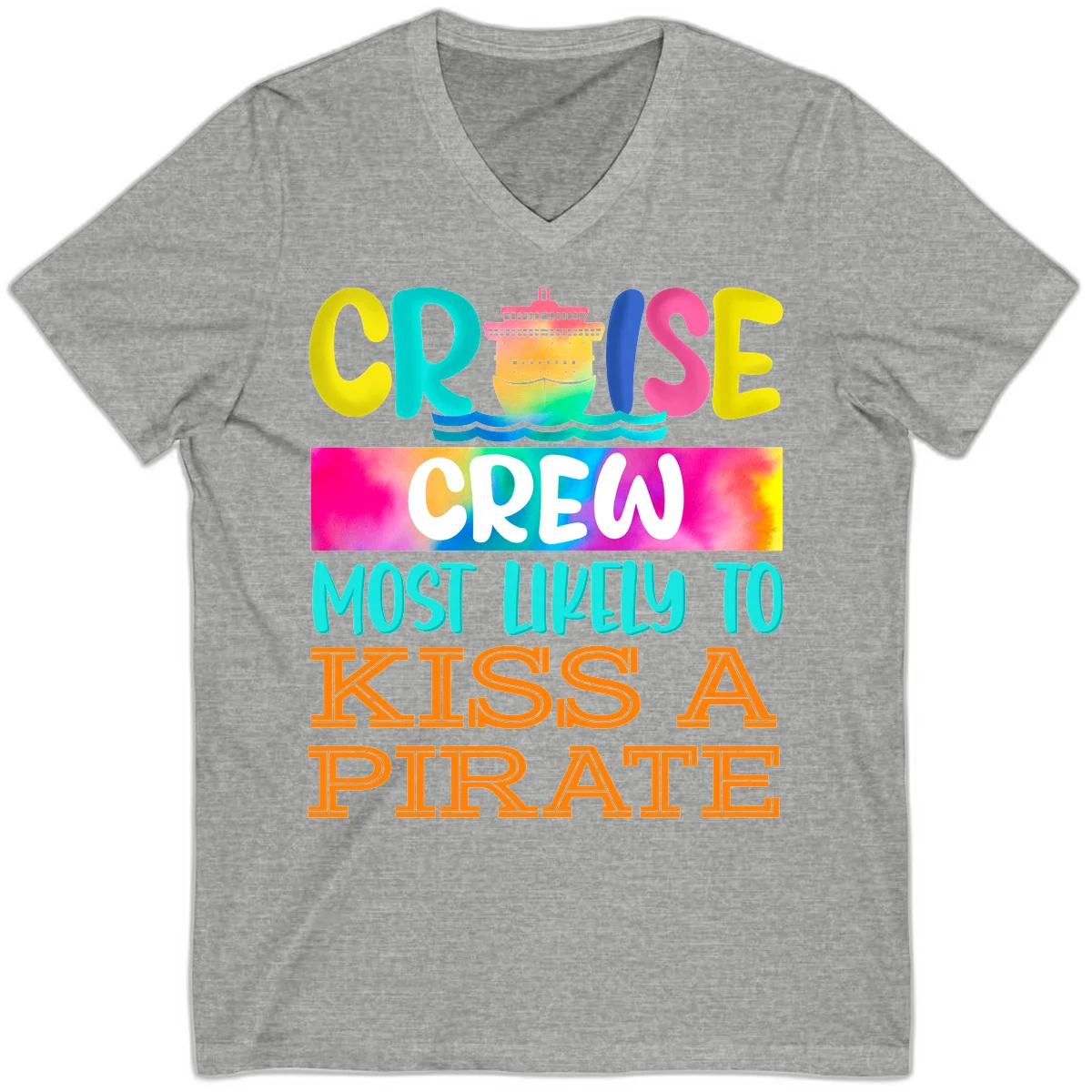 Cruise Crew Most Likely To Kiss A Pirate V-Neck in Athletic Heather