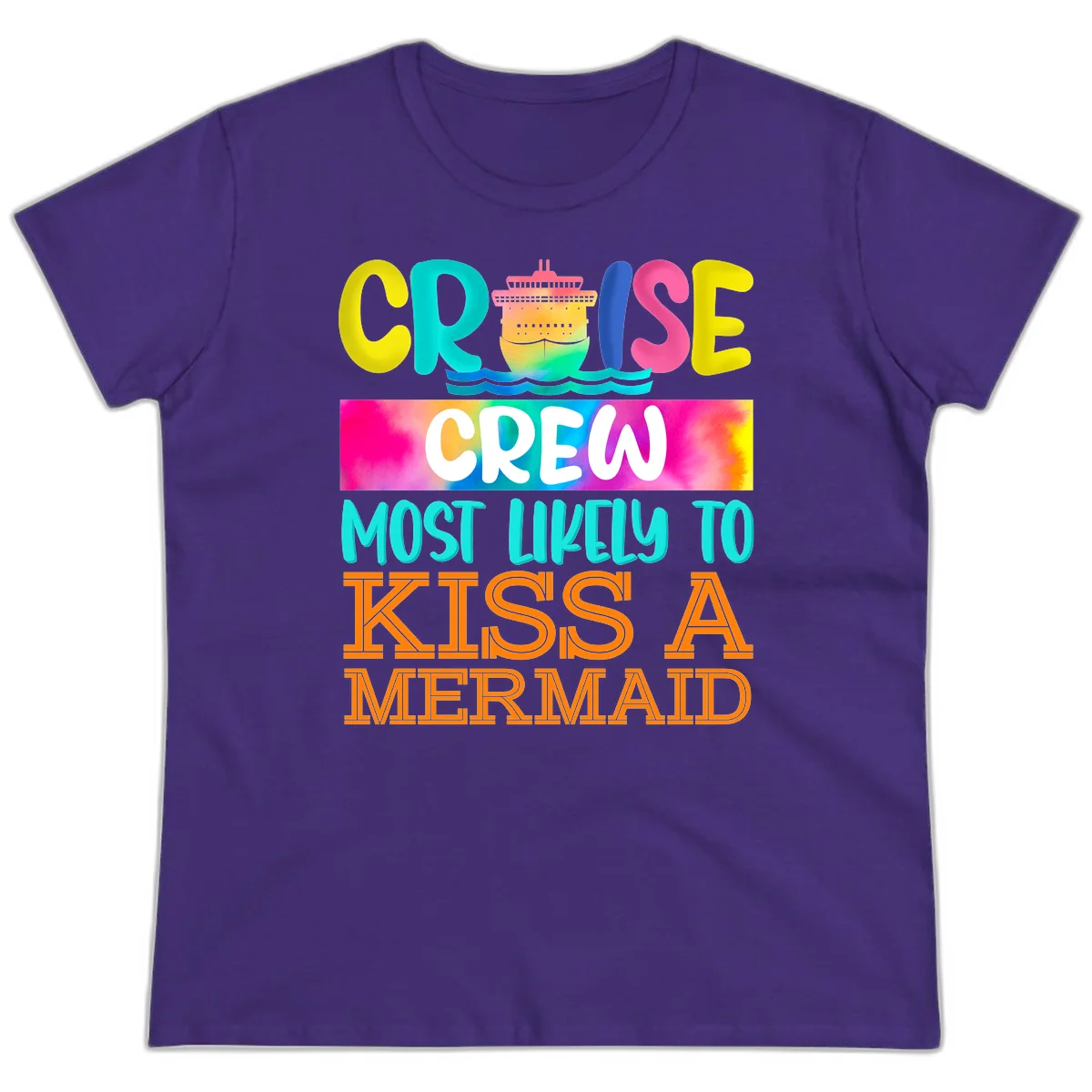 Cruise Crew Most Likely To Kiss A Mermaid Ladies Tee in Purple