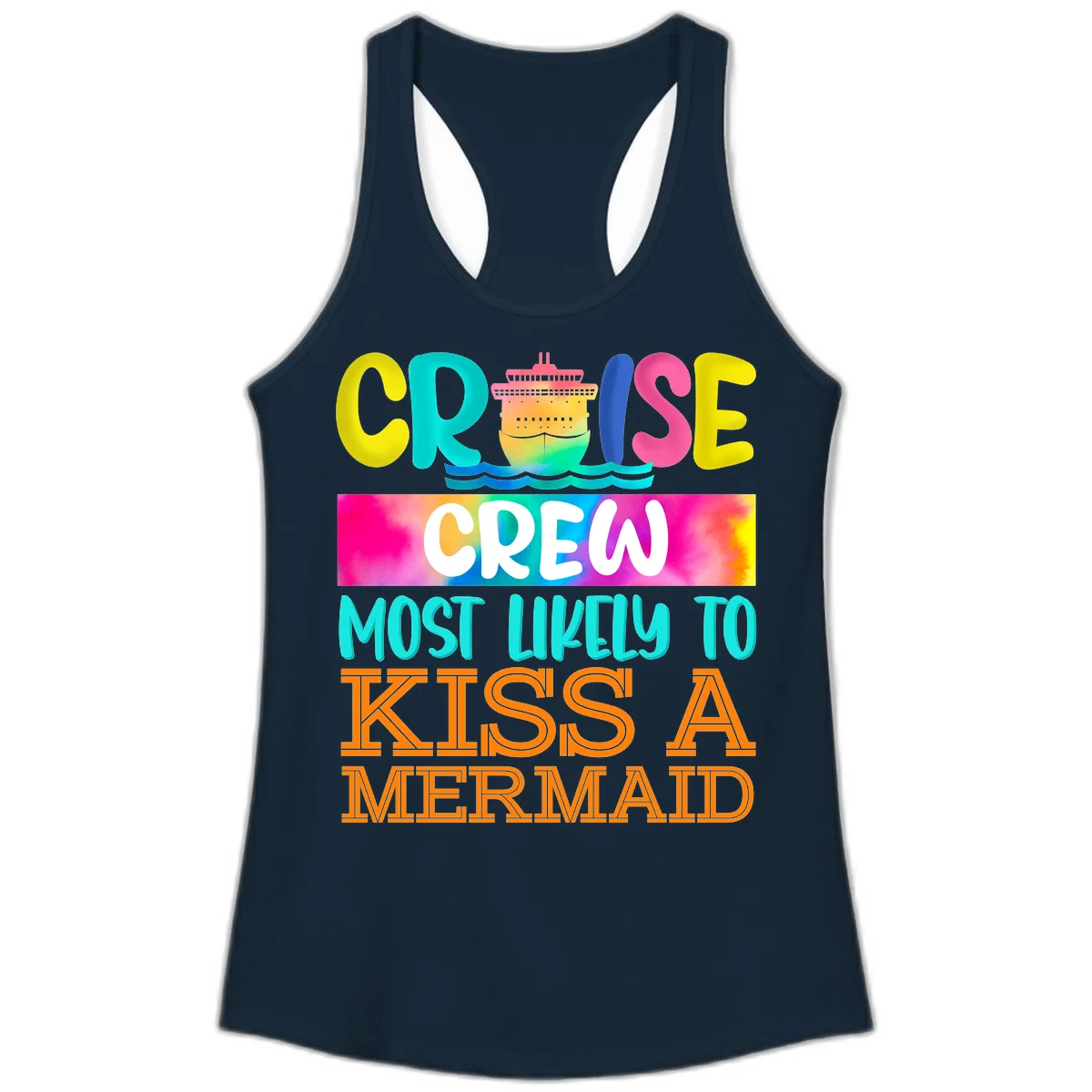 Cruise Crew Most Likely To Kiss A Mermaid Ladies Tank in Solid Midnight Navy