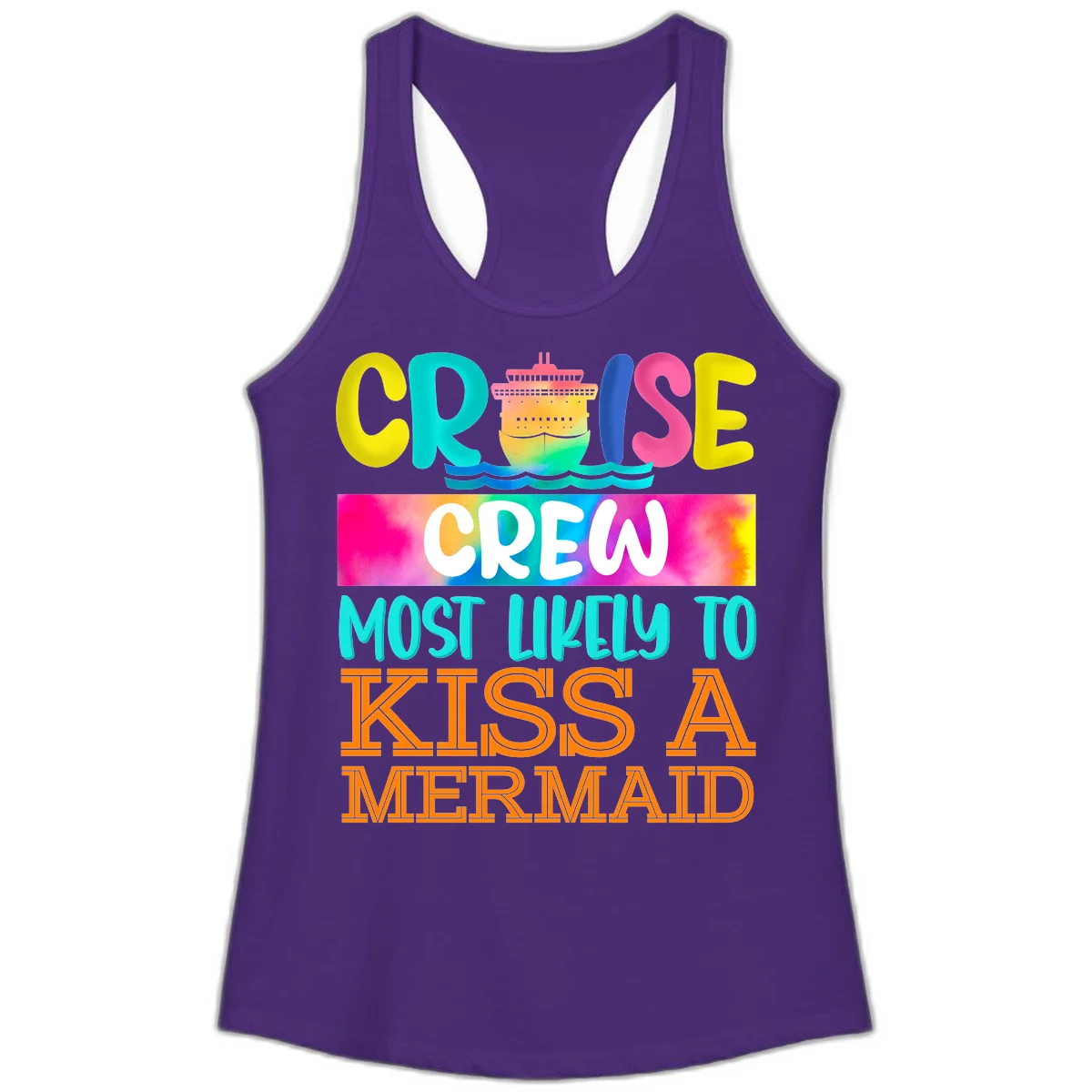 Cruise Crew Most Likely To Kiss A Mermaid Ladies Tank in Solid Purple Rush
