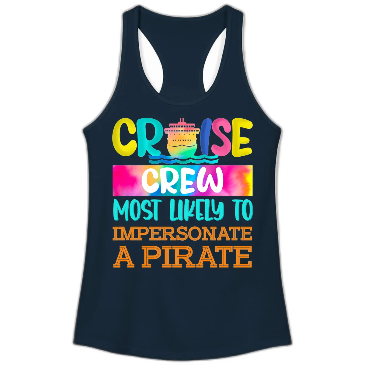 Cruise Crew Most Likely To Impersonate A Pirate Ladies Tank in Solid Midnight Navy