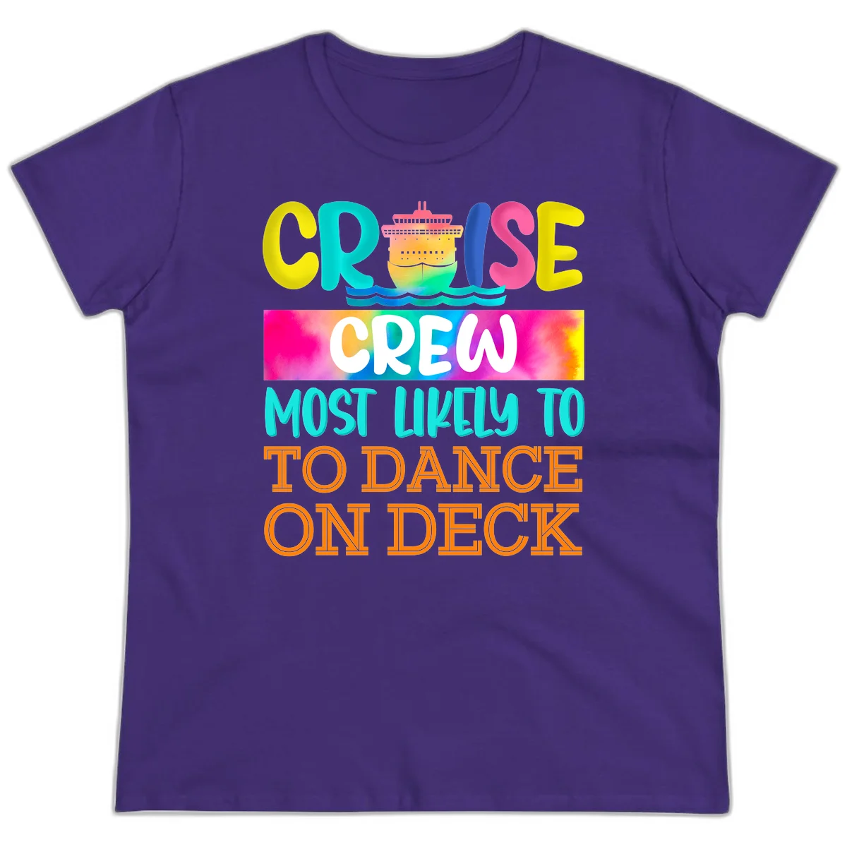Cruise Crew Most Likely To Dance On Deck Ladies Tee in Purple