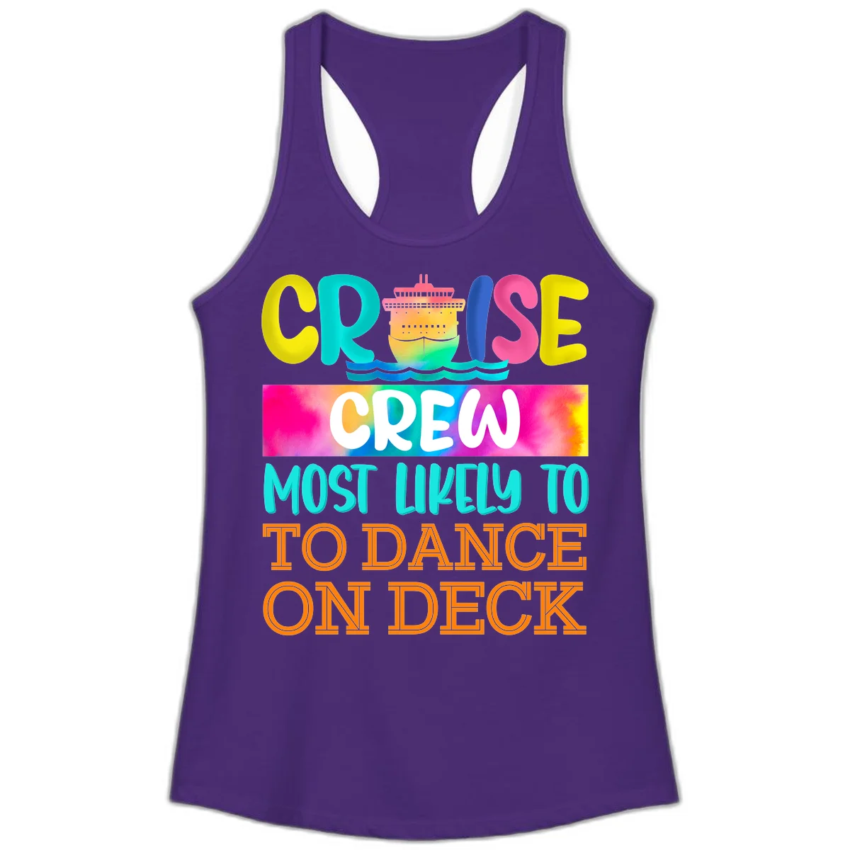 Cruise Crew Most Likely To Dance On Deck Ladies Tank in Solid Purple Rush