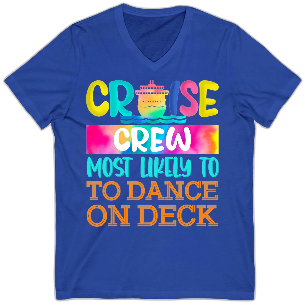Cruise Crew Most Likely To Dance On Deck V-Neck in True Royal