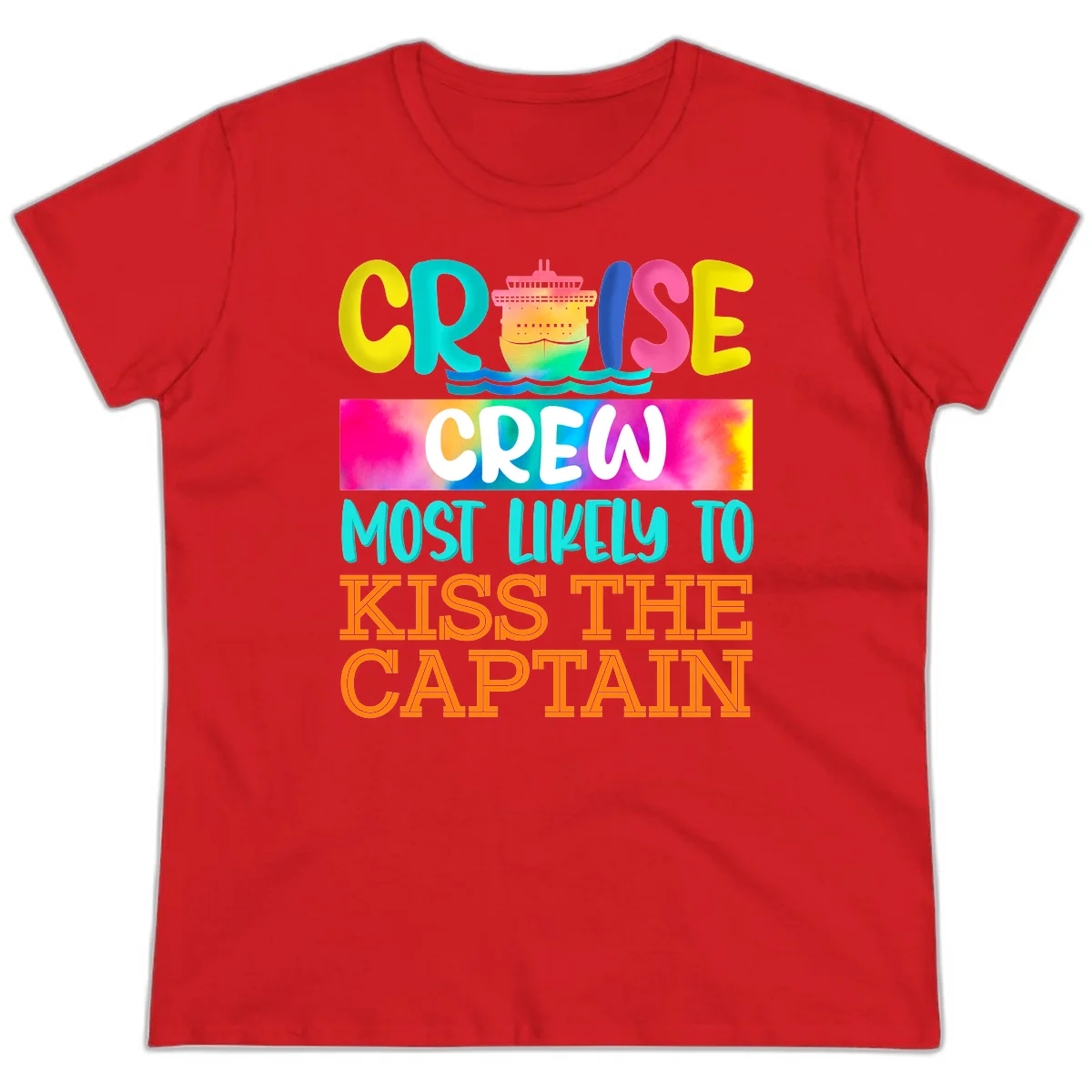 Cruise Crew Most Likely To Kiss The Captain Ladies Tee in Red