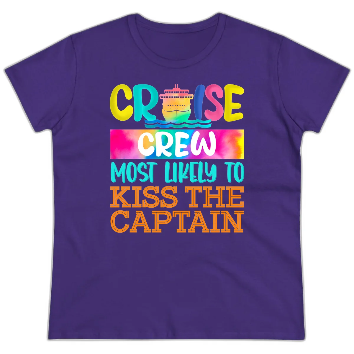 Cruise Crew Most Likely To Kiss The Captain Ladies Tee in Purple