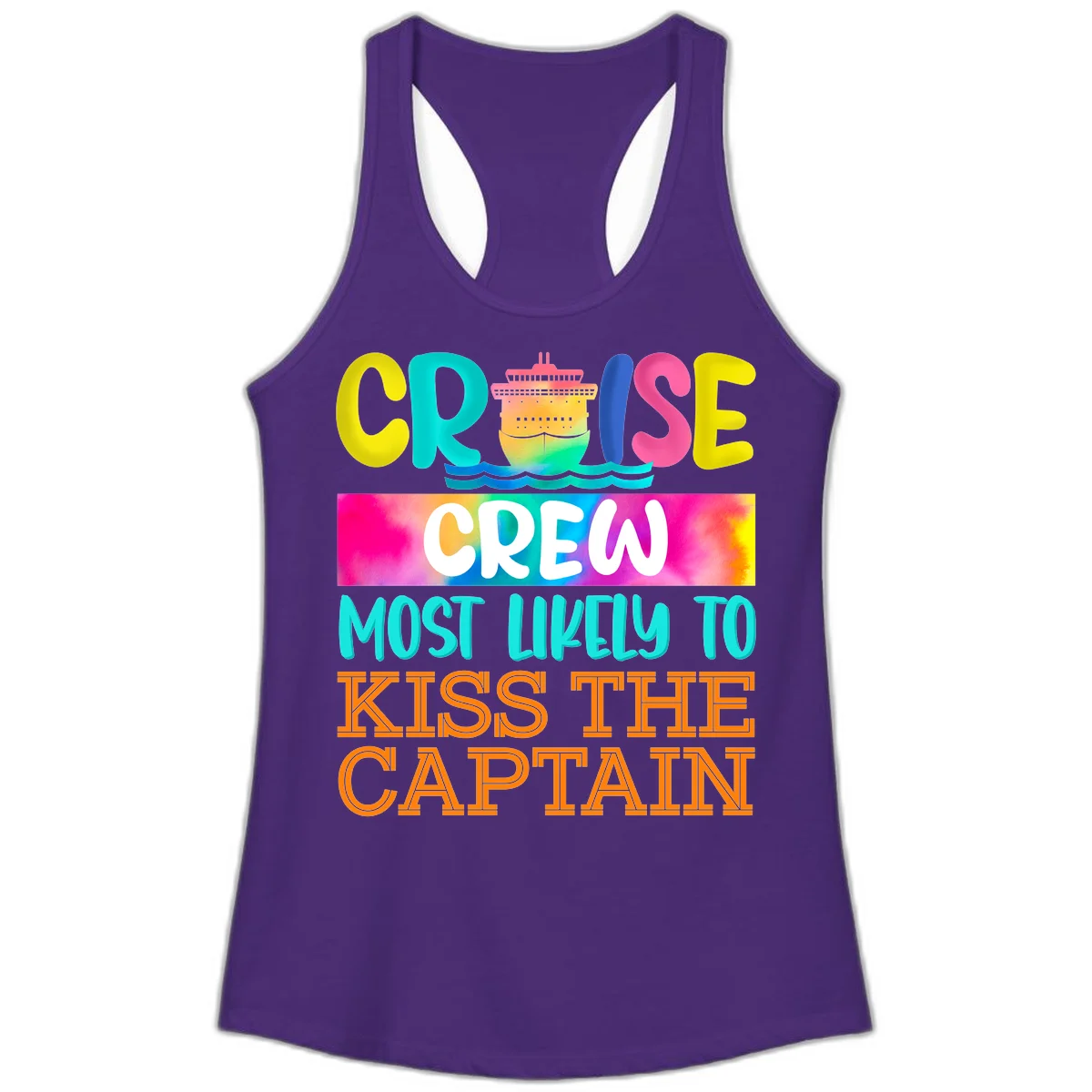 Cruise Crew Most Likely To Kiss The Captain Ladies Tank in Solid Purple Rush